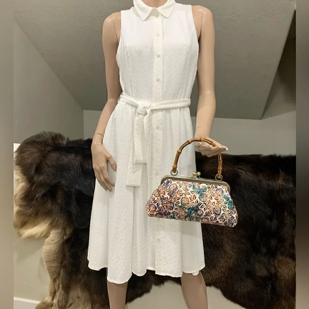 Handmade Genuine Leather Floral Embossed Real bamboo Handle Satchel/Crossbody